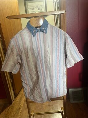 Short-Sleeve Striped Shirt with Embroidered Collar - Blue/Pink